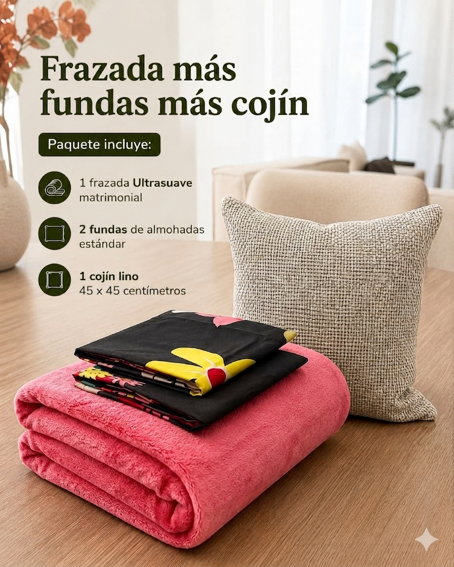 FRAZADA + FUNDAS + COJÍN